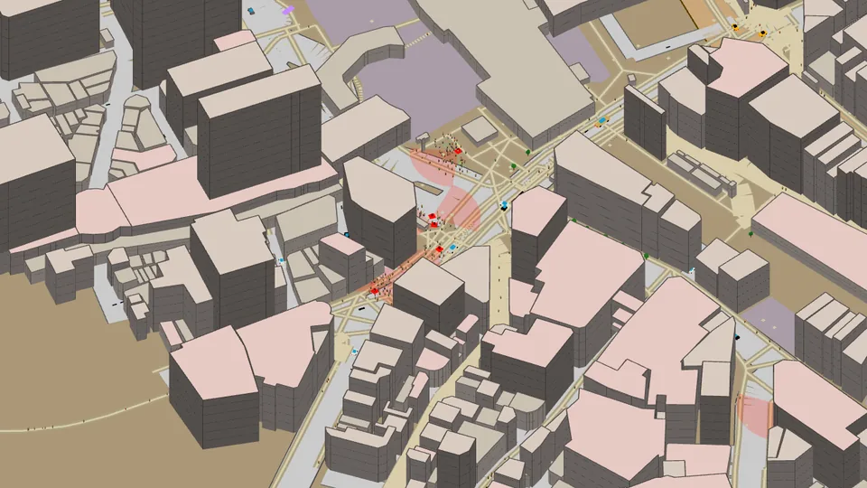 Vector Syndicate tactical view of Shibuya with enemies, civilians, and traffic